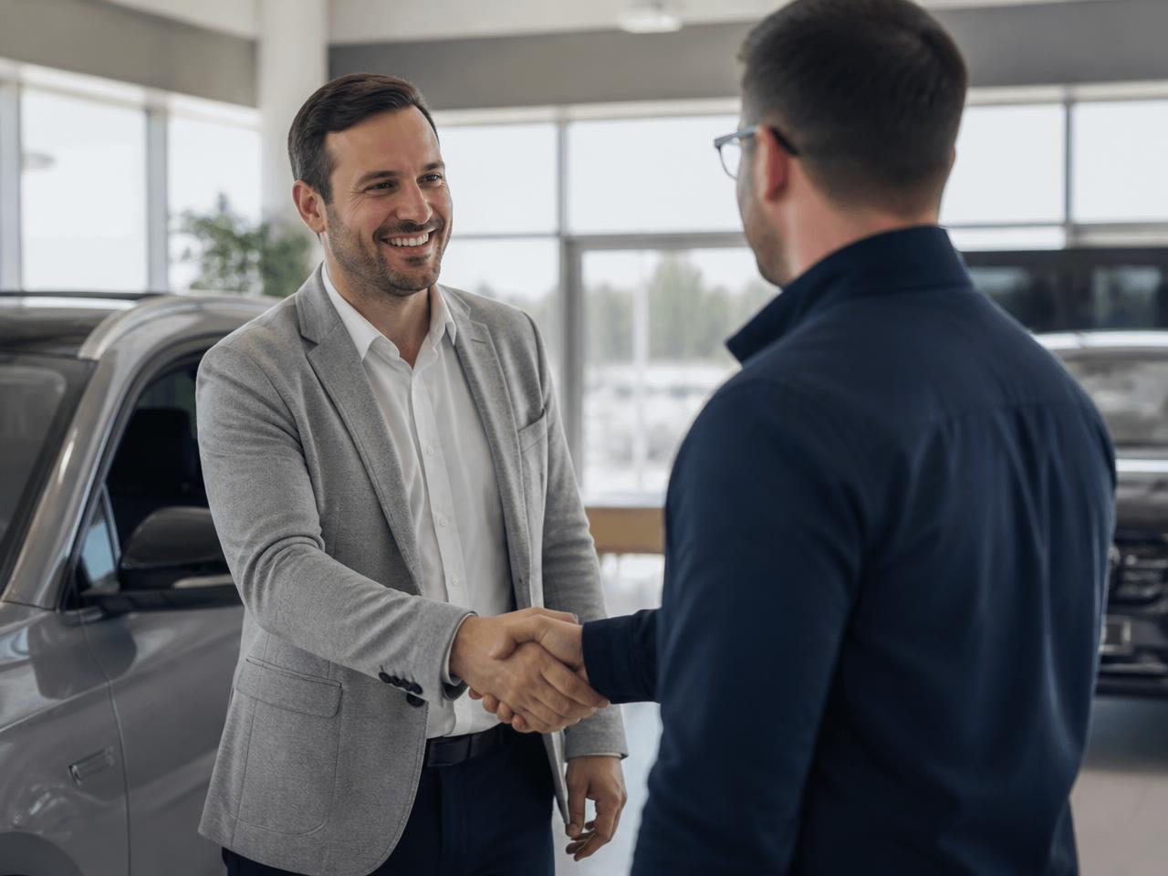 A dealership manager shaking hands with a partner in a showroom